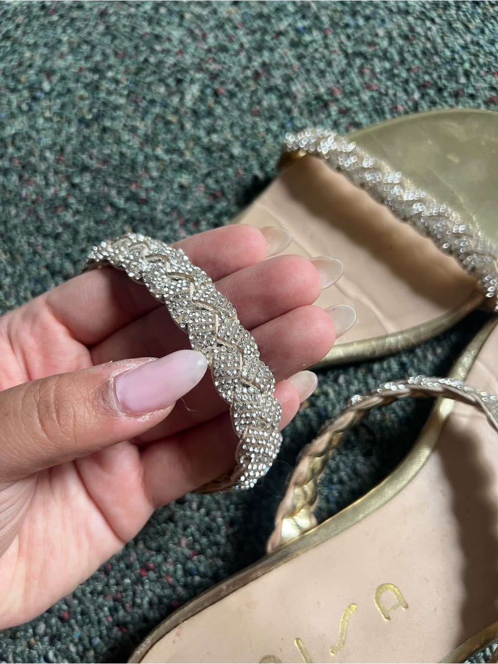 Metallic Gold Braided Crystal Strap Round-Toe Sandals Slides Flat Shoes Sz 9